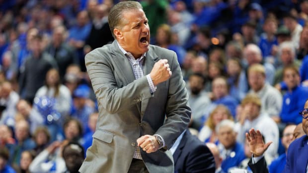 Nov 10, 2023; Lexington, Kentucky, USA; Kentucky Wildcats head coach John Calipari reacts during the first half against the Texas A&M Commerce Lions at Rupp Arena at Central Bank Center. Mandatory Credit: Jordan Prather-USA TODAY Sports
